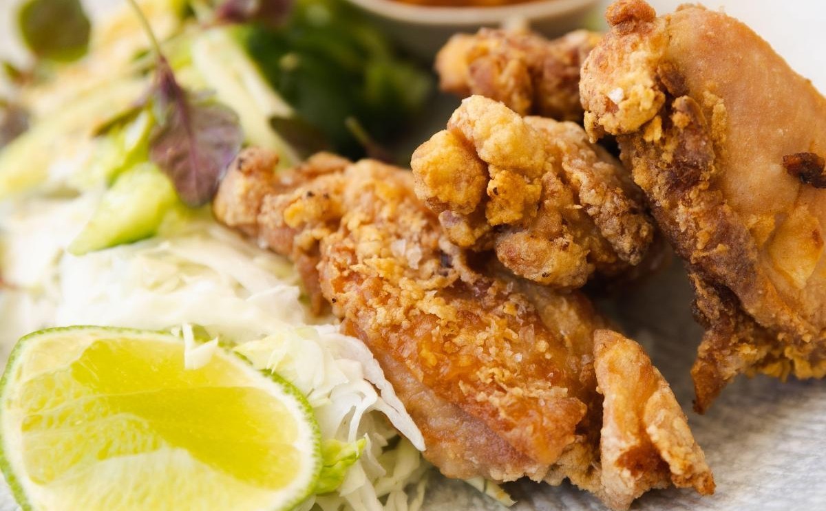 Karen Martiniʼs Chicken Karaage with Smashed Cucumber Sweet Chilli Sauce & Shiso and Cabbage