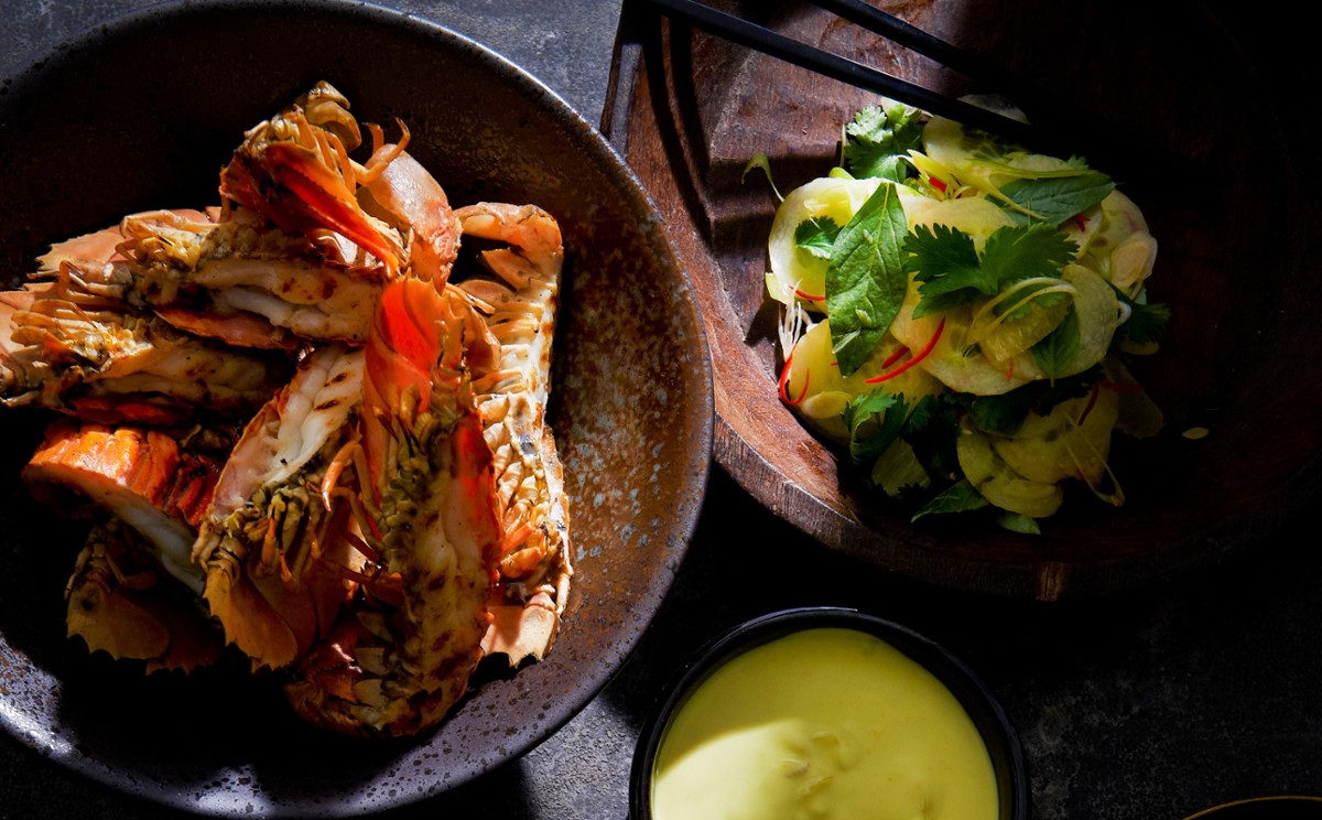 Teage Ezardʼs Moreton Bay Bugs with TumericCoconut Dressing and Finger Lime Salad Recipe