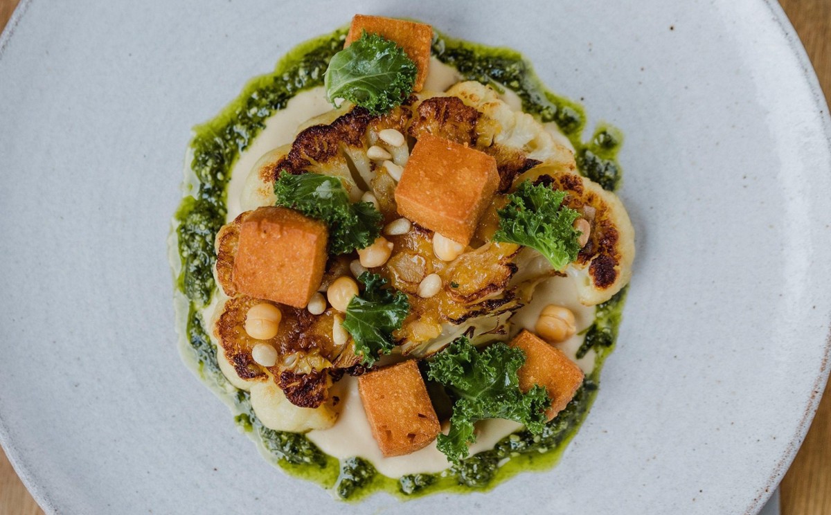 Tom Kitchinʼs Roasted Cauliflower Steak, Chickpea Fritters, Kale Salsa Verde Recipe Verified by
